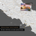 Italy map in dark gray as a canvas for pinning shows a section of Rome, Abruzzo, and Campania with many details such as national parks, rivers, and numerous small places and towns, some of which are marked with pins