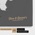 Map of Italy as a pinboard canvas in dark gray with personalization and names in a modern script font