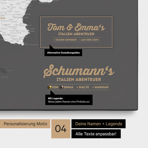 Italy map as canvas in dark gray with personalization as logo with family name and legend for places already visited and still want to visit