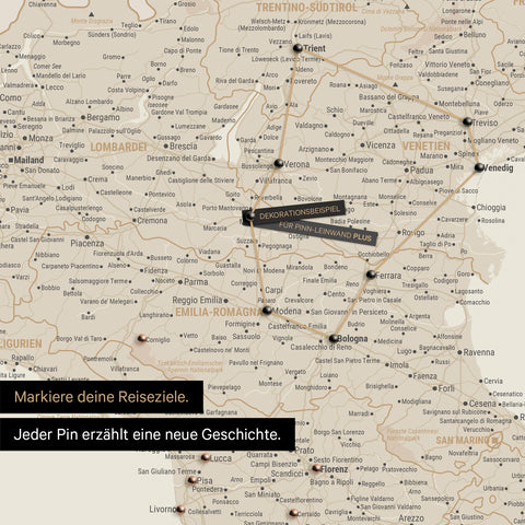 Modern Italy map in the color gold as a Push Pin Map shows a section of Lombardy, South Tyrol, and Veneto, where already visited travel destinations are marked by pins