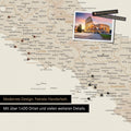 Italy map in gold as a canvas for pinning shows a section of Rome, Abruzzo, and Campania with many details such as national parks, rivers, and numerous small places and towns, some of which are marked with pins