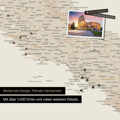 Italy map in gold as a canvas for pinning shows a section of Rome, Abruzzo, and Campania with many details such as national parks, rivers, and numerous small places and towns, some of which are marked with pins