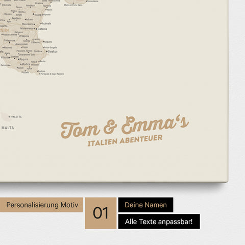 Map of Italy as a pinboard canvas in gold with personalization and name in a modern script font