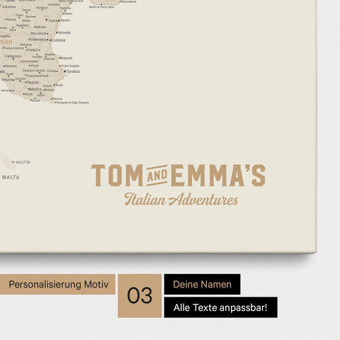Italy map for pinning in gold with personalization in vintage style