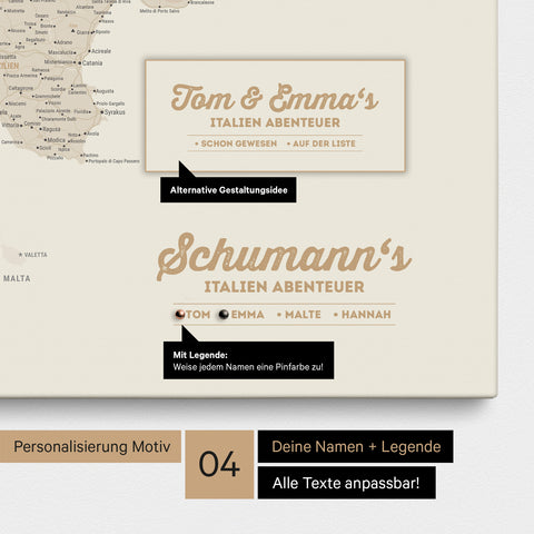 Italy map as canvas in gold with personalization as logo with family name and legend for places already visited and still want to visit