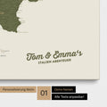 Map of Italy as a pinboard canvas in green with personalization and name in a modern script font