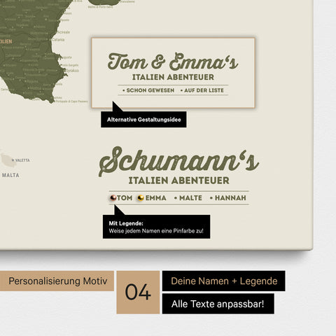 Italy map as canvas in green with personalization as logo with family name and legend for places already visited and still want to visit
