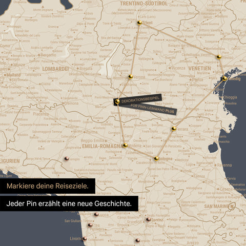 Modern Italy map in the color Hale Navy (Dark Blue Gold) as a Push Pin Map shows a section of Lombardy, South Tyrol, and Veneto, where already visited travel destinations are marked with pins