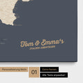 Map of Italy as a pinboard canvas in Hale Navy (dark blue gold) with personalization and name in a modern script font