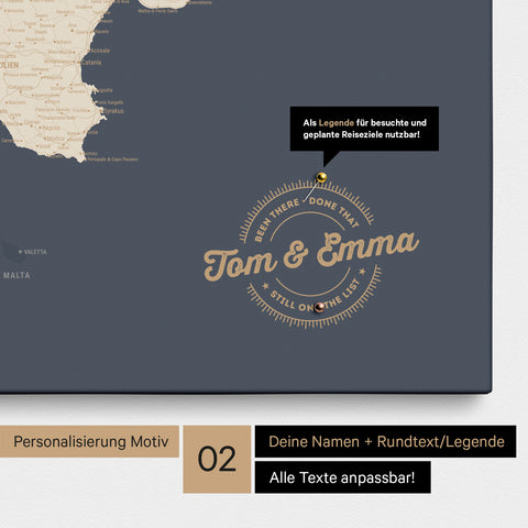 Italy map Push Pin Map in Hale Navy (Dark Blue Gold) with personalization as a round logo that includes a legend for already visited travel destinations in circular text