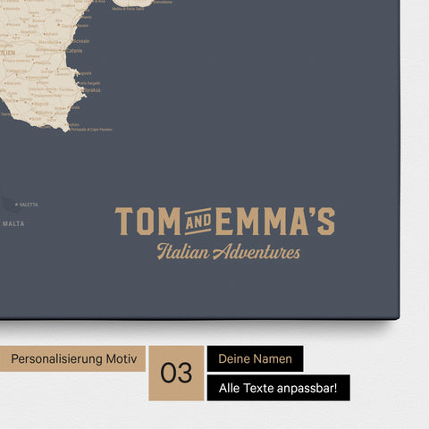 Italy map for pinning in Hale Navy (dark blue gold) with personalization in vintage style