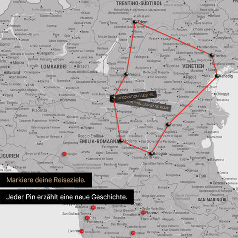 Modern Italy map in the color light gray as a Push Pin Map shows a section of Lombardy, South Tyrol, and Veneto, where already visited travel destinations are marked with pins