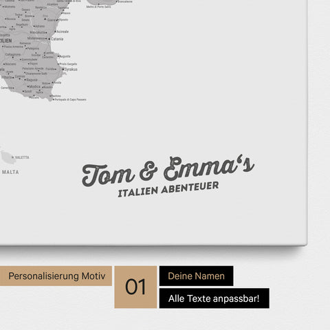 Map of Italy as a pinboard canvas in light gray with personalization and name in a modern script font