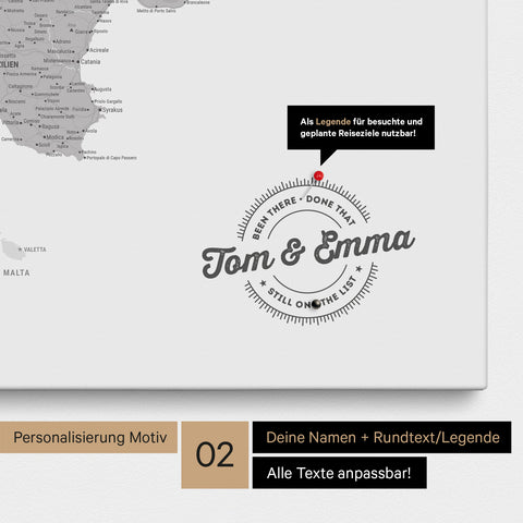 Italy map Push Pin Map in light gray with personalization as a round logo that includes a legend for already visited travel destinations in circular text