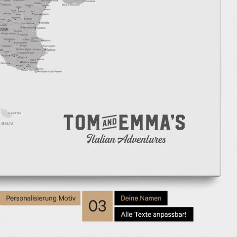Italy map for pinning in light gray with personalization in vintage style