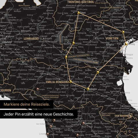 Modern Italy map in the color Light Black as a Push Pin Map shows a section of Lombardy, South Tyrol, and Veneto, where already visited travel destinations are marked with pins
