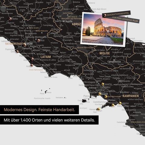 Italy map in Light Black as canvas for pinning shows a section of Rome, Abruzzo, and Campania with many details such as national parks, rivers, and numerous small towns and cities, some of which are marked with pins