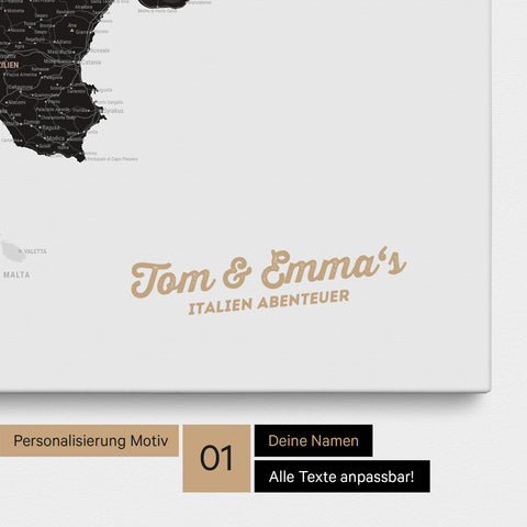 Map of Italy as a pinboard canvas in light black with personalization and name in a modern script font