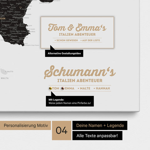Italy map as canvas in Light Black with personalization as logo with family name and legend for places already visited and still want to visit