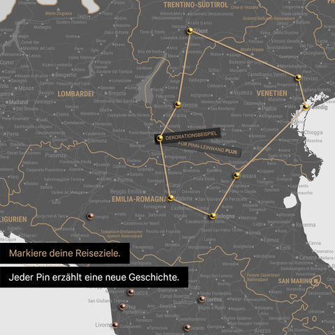 Modern Italy map in the color Light Gray as a Push Pin Map shows a section of Lombardy, South Tyrol, and Veneto, where already visited travel destinations are marked with pins