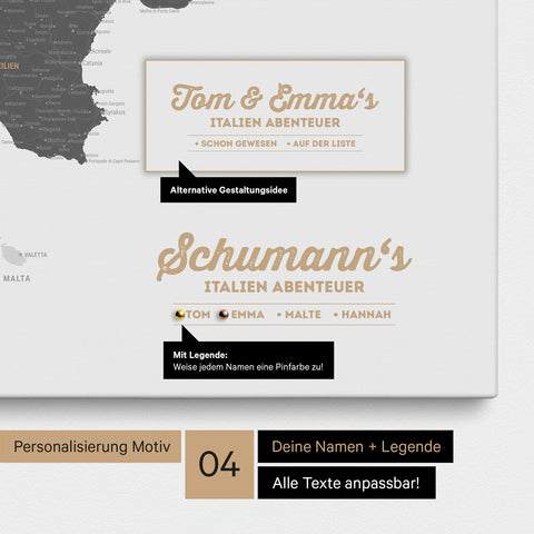Italy map as canvas in Light Gray with personalization as logo with family name and legend for places already visited and still want to visit
