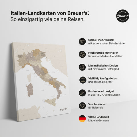 Italy map as canvas in multicolor beige with personalization as logo with family name and legend for places already visited and still want to visit
