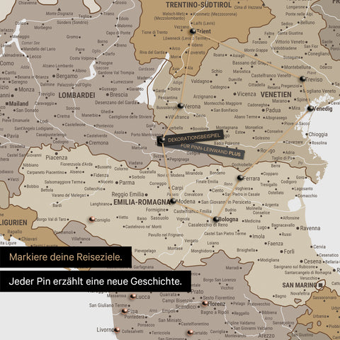 Modern Italy map in the color multicolor beige as a Push Pin Map shows a section of Lombardy, South Tyrol, and Veneto, where already visited travel destinations are marked with pins