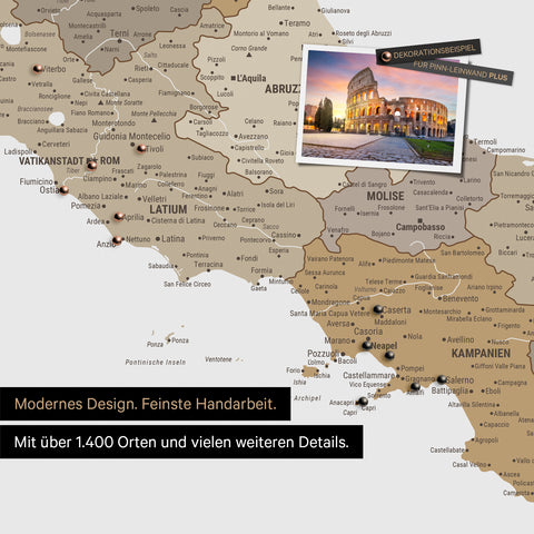 Italy map in multicolor beige as canvas for pinning shows a section of Rome, Abruzzo, and Campania with many details such as national parks, rivers, and numerous small towns and cities, some of which are marked with pins