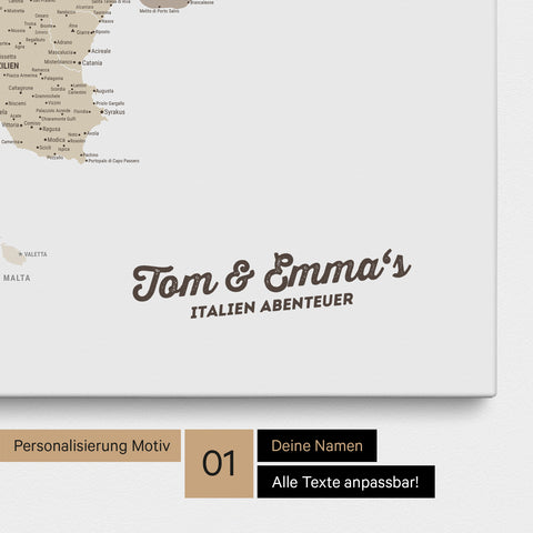 Map of Italy as a pinboard canvas in multicolor beige with personalization and name in a modern script font