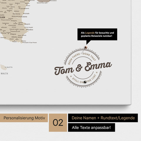 Italy map Push Pin Map in multicolor beige with personalization as a round logo that includes a legend for already visited travel destinations in circular text