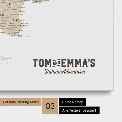 Italy map for pinning in multicolor beige with personalization in vintage style