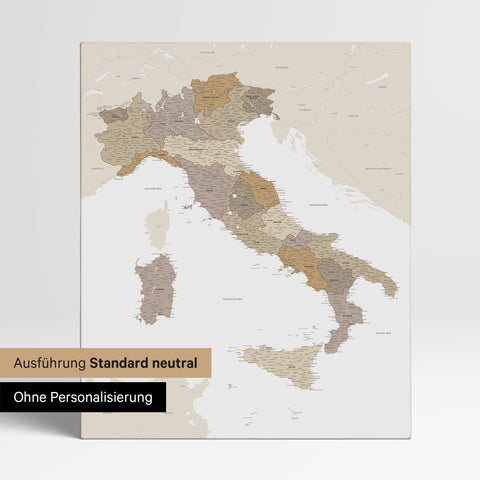 Neutral standard Version of the detailed Italy map as a pinboard canvas in multicolor beige without personalization