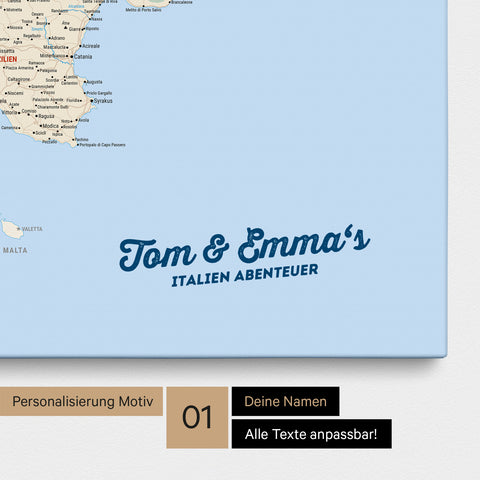 Map of Italy as a pinboard canvas in multicolor classic with personalization and name in a modern script font
