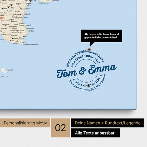 Italy map Push Pin Map in Multicolor Classic with personalization as a round logo, which includes a legend for already visited travel destinations in circular text
