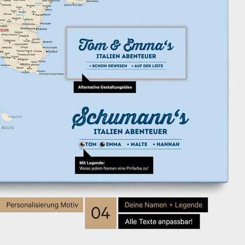 Italy map as canvas in Multicolor Classic with personalization as logo with family name and legend for places already visited and still want to visit