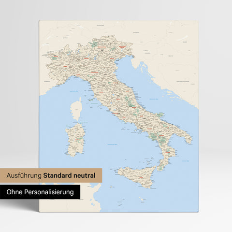 Neutral standard Version of the detailed Italy map as a pinboard canvas in multicolor classic without personalization