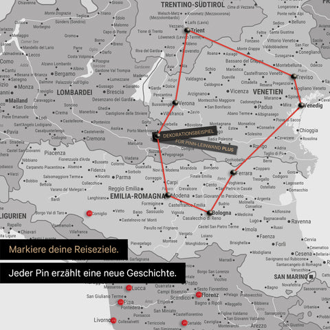 Modern Italy map in the color multicolor gray as a Push Pin Map shows a section of Lombardy, South Tyrol, and Veneto, where already visited travel destinations are marked with pins