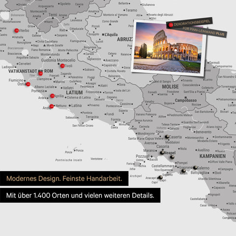 Italy map in multicolor gray as canvas for pinning shows a section of Rome, Abruzzo, and Campania with many details such as national parks, rivers, and numerous small towns and cities, some of which are marked with pins