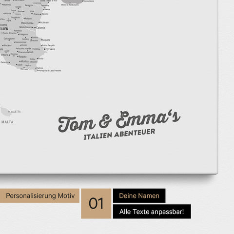 Map of Italy as a pinboard canvas in multicolor gray with personalization and name in a modern script font