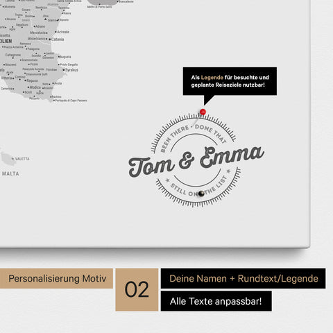 Italy map Push Pin Map in multicolor gray with personalization as a round logo that includes a legend for already visited travel destinations in circular text