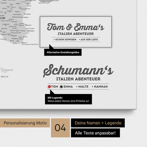 Italy map as canvas in multicolor gray with personalization as logo with family name and legend for places already visited and still want to visit