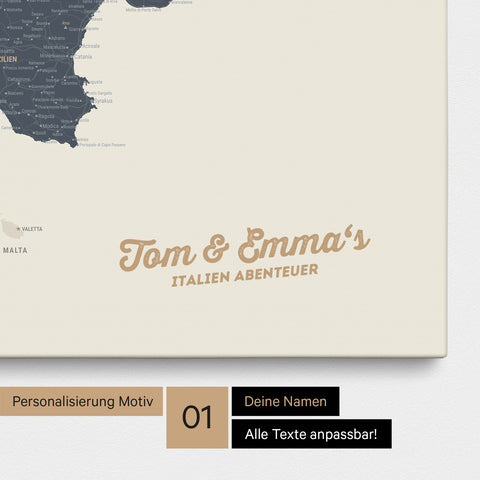 Map of Italy as a pinboard canvas in Navy Light with personalization and name in a modern script font