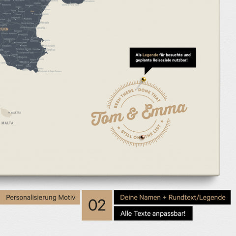 Italy map Push Pin Map in Navy Light with personalization as a round logo that includes a legend for already visited travel destinations in circular text