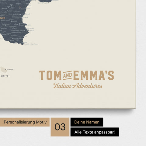 Italy map for pinning in Navy Light with personalization in vintage style