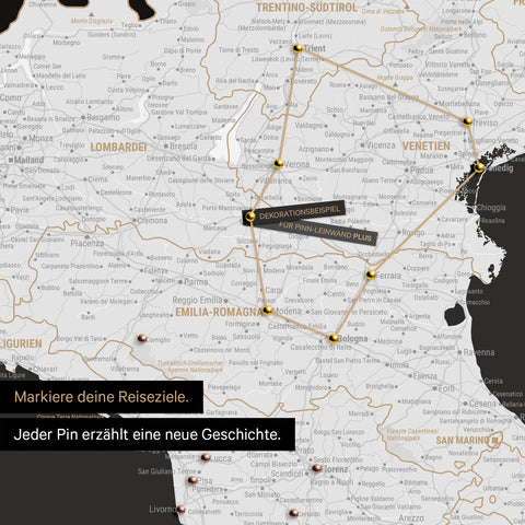 Modern Italy map in black and white as a Push Pin Map shows a section of Lombardy, South Tyrol, and Veneto, with already visited travel destinations marked by pins