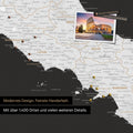 Italy map in black and white as a canvas for pinning shows a section of Rome, Abruzzo, and Campania with many details such as national parks, rivers, and numerous small places and towns, some of which are marked with pins