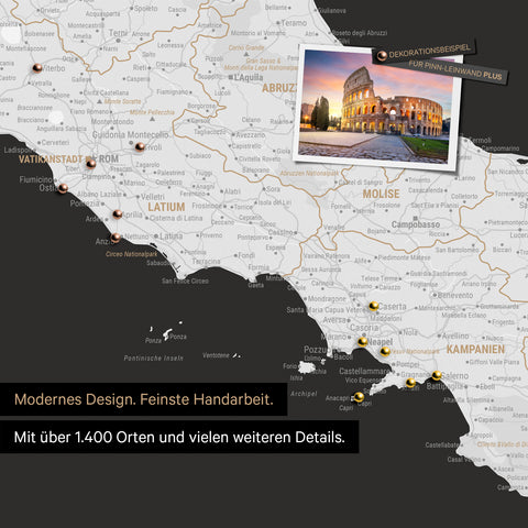 Italy map in black and white as a canvas for pinning shows a section of Rome, Abruzzo, and Campania with many details such as national parks, rivers, and numerous small places and towns, some of which are marked with pins