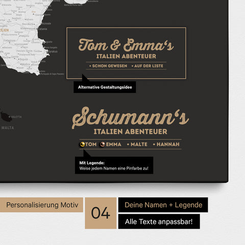 Italy map as canvas in black and white with personalization as logo with family name and legend for places already visited and still want to visit