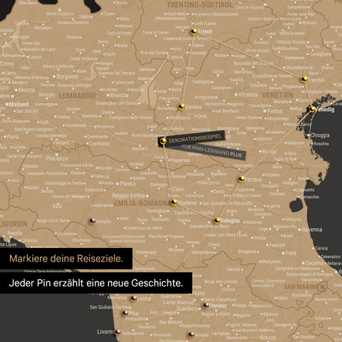 Modern Italy map in the color Sonar Black (black-gold) as a Push Pin Map shows a section of Lombardy, South Tyrol, and Veneto, where already visited travel destinations are marked with pins