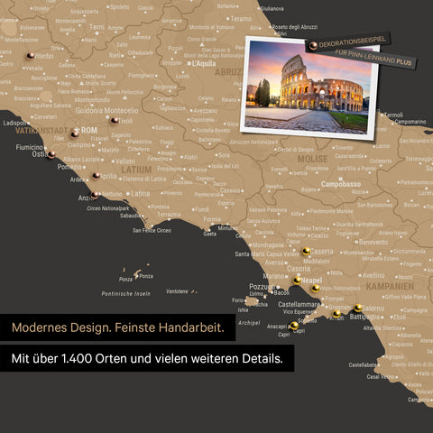 Italy map in Sonar Black (black-gold) as canvas for pinning shows a section of Rome, Abruzzo and Campania with many details such as national parks, rivers and numerous small places and towns, some of which are marked with pins